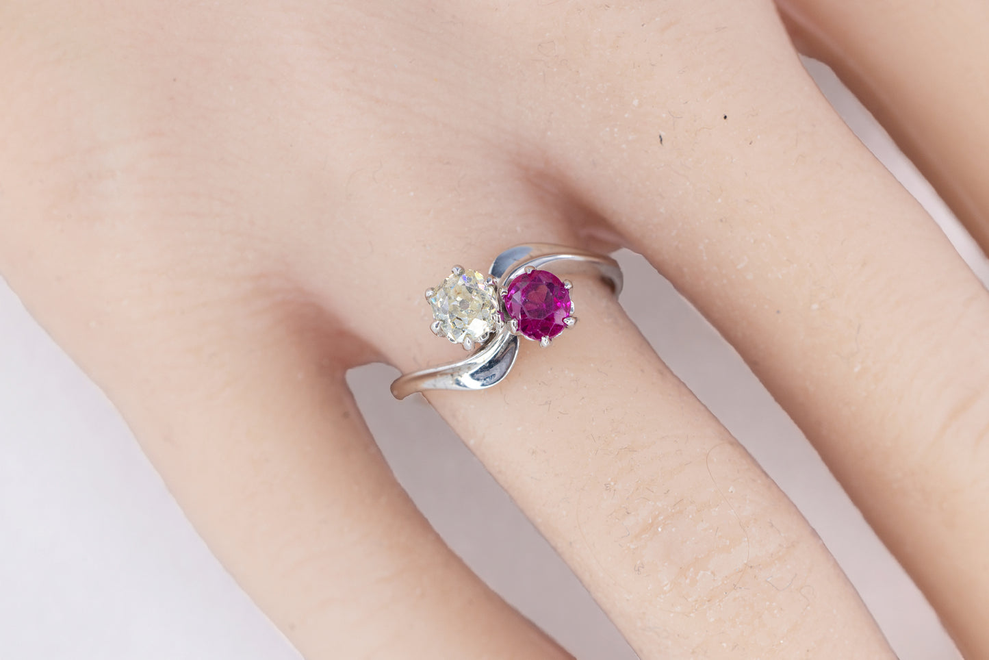 White Gold Round Ruby and Diamond Bypass Toi et Moi Ring