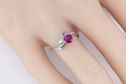 White Gold Round Ruby and Diamond Bypass Toi et Moi Ring