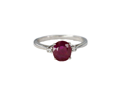 White Gold Oval Ruby Three-Stone Solitaire Ring
