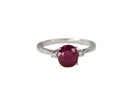 White Gold Oval Ruby Three-Stone Solitaire Ring