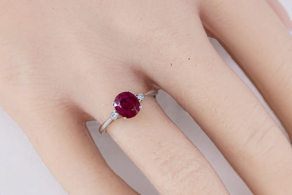White Gold Oval Ruby Three-Stone Solitaire Ring