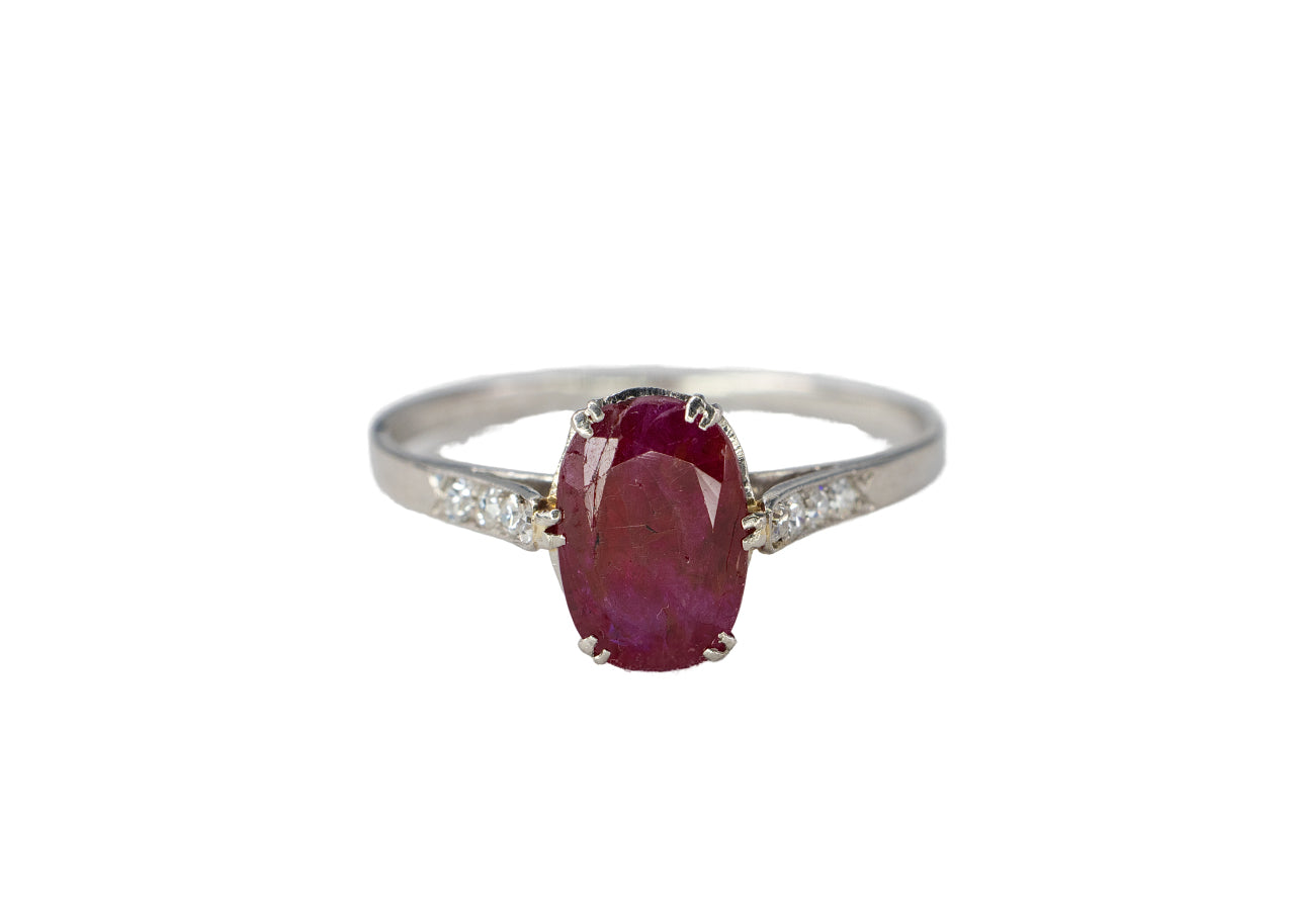 Platinum Oval Ruby Solitaire Ring with Diamond Accents
