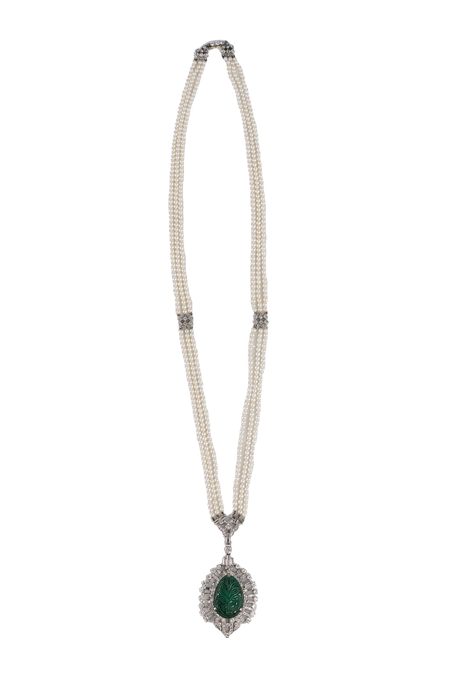 Carved Emerald and Diamond Pendant on Triple-Strand Seed Pearl Necklace