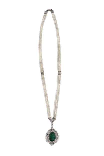 Carved Emerald and Diamond Pendant on Triple-Strand Seed Pearl Necklace
