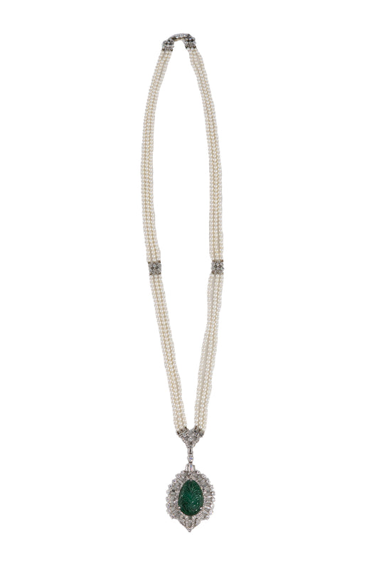 Carved Emerald and Diamond Pendant on Triple-Strand Seed Pearl Necklace