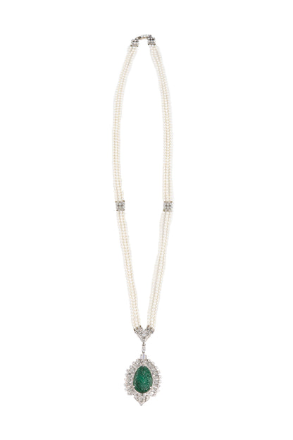 Carved Emerald and Diamond Pendant on Triple-Strand Seed Pearl Necklace