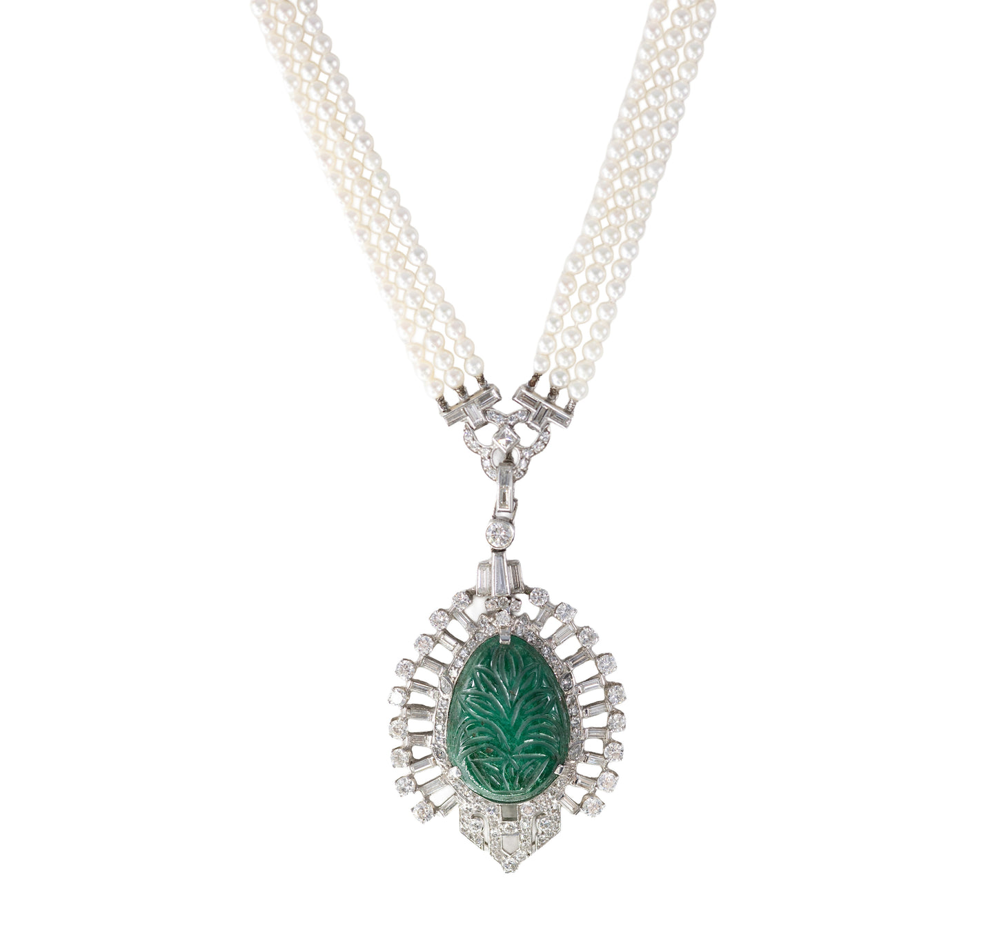 Carved Emerald and Diamond Pendant on Triple-Strand Seed Pearl Necklace