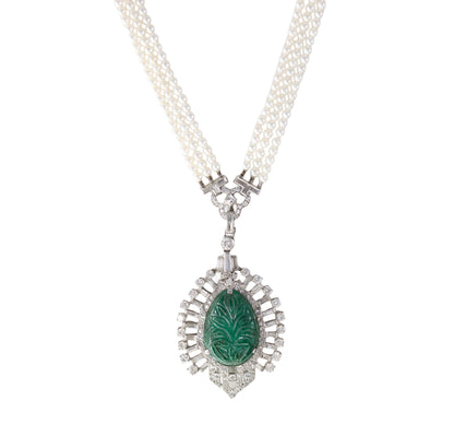 Carved Emerald and Diamond Pendant on Triple-Strand Seed Pearl Necklace