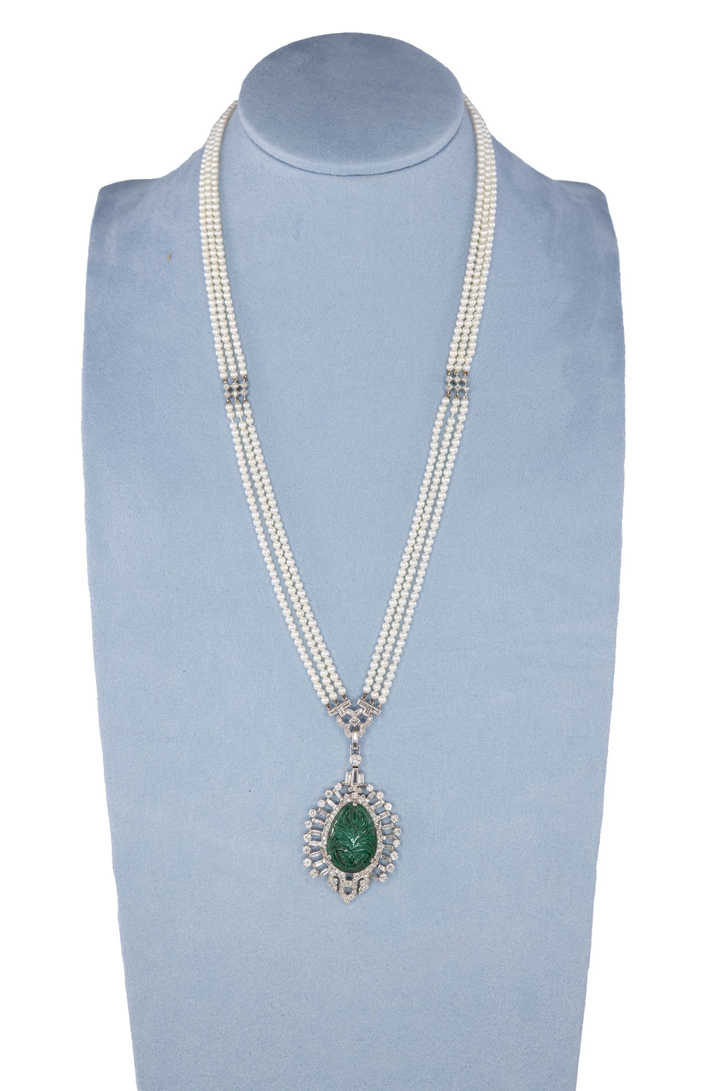 Carved Emerald and Diamond Pendant on Triple-Strand Seed Pearl Necklace