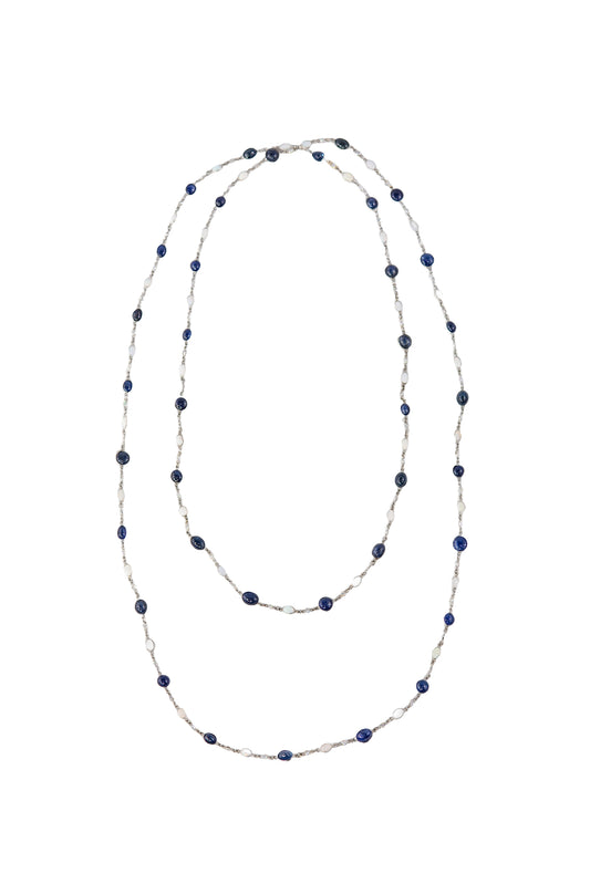 Sapphire, Opal, and Diamond Long Station Necklace
