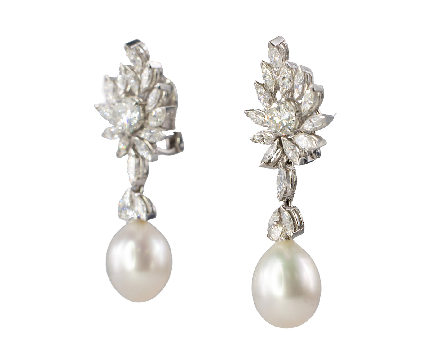 Platinum Floral Diamond and Pearl Drop Earrings