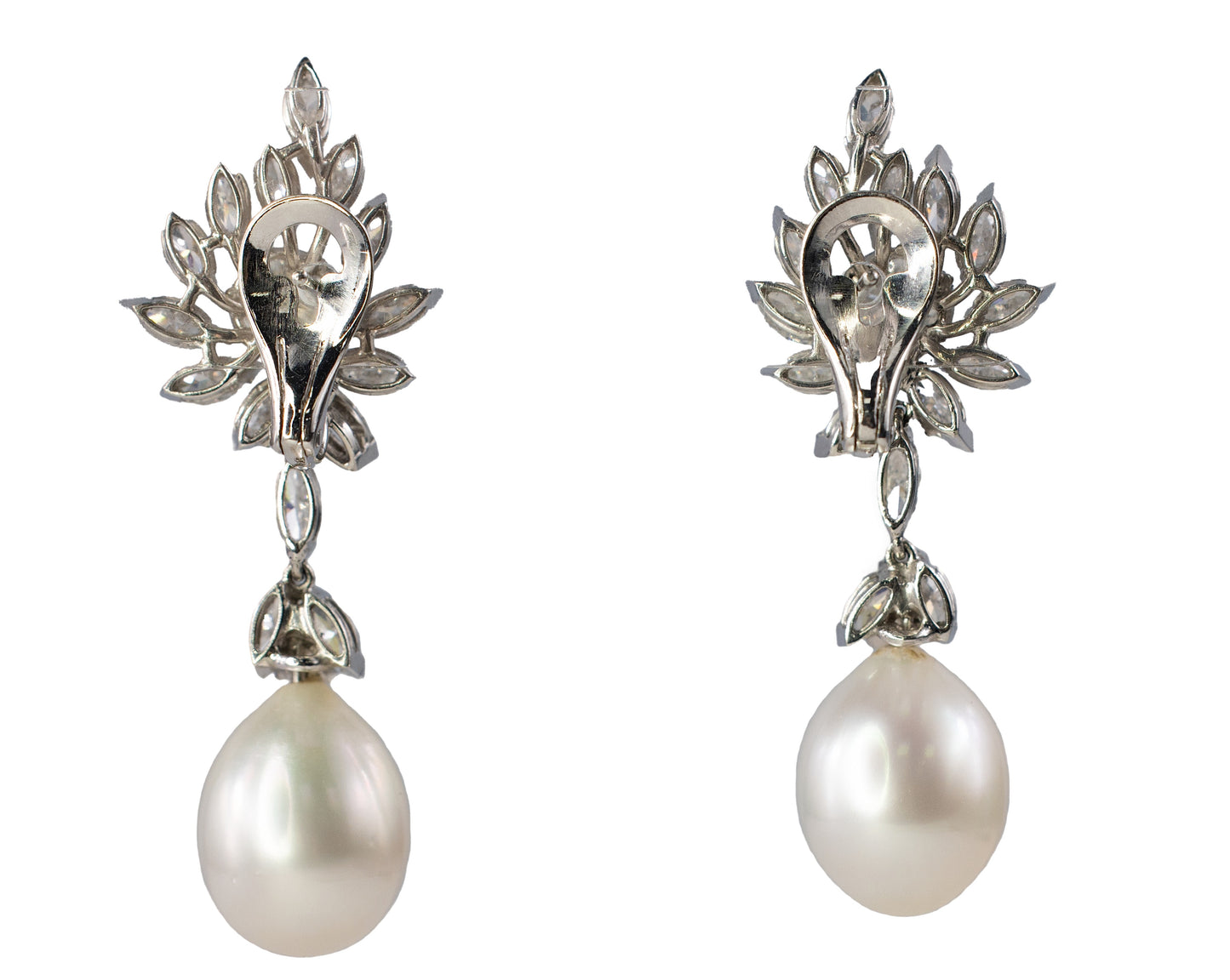 Platinum Floral Diamond and Pearl Drop Earrings