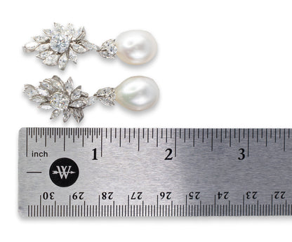 Platinum Floral Diamond and Pearl Drop Earrings