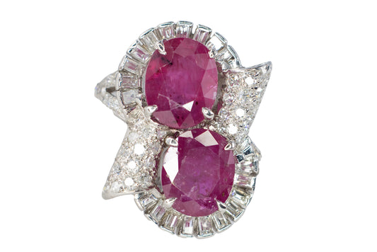 Oval Ruby Bypass Cocktail Ring with Baguette and Round Diamond Accents