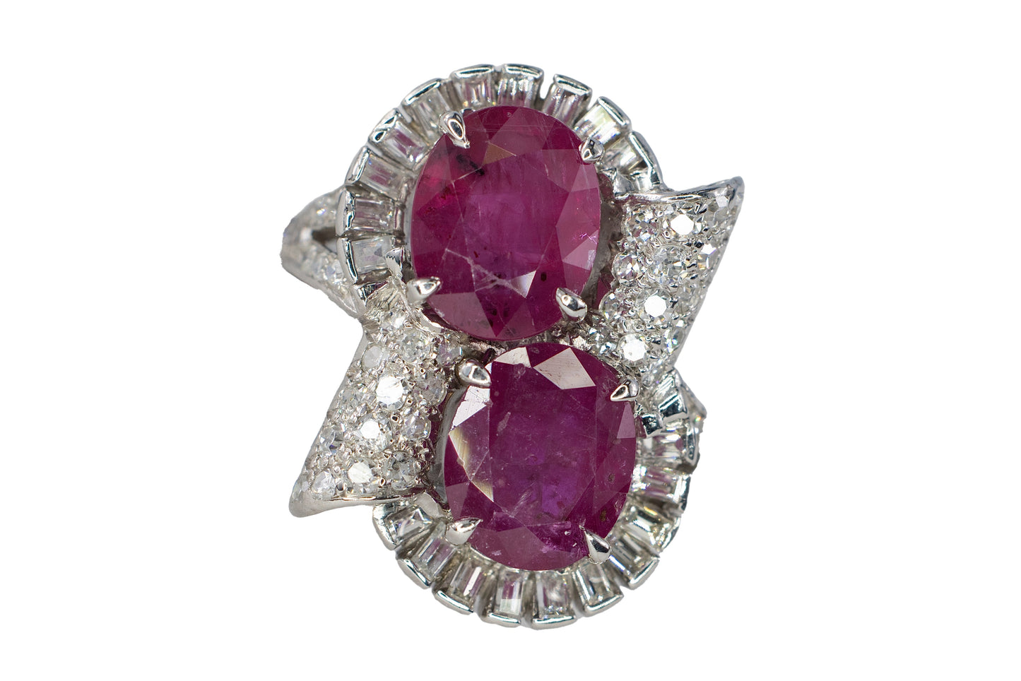 Oval Ruby Bypass Cocktail Ring with Baguette and Round Diamond Accents