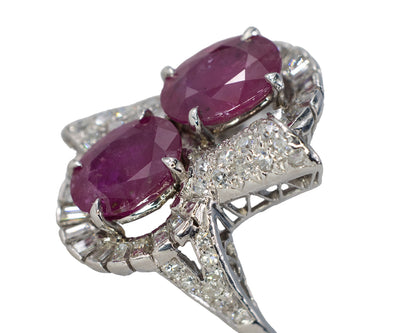Oval Ruby Bypass Cocktail Ring with Baguette and Round Diamond Accents