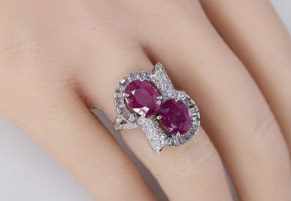 Oval Ruby Bypass Cocktail Ring with Baguette and Round Diamond Accents