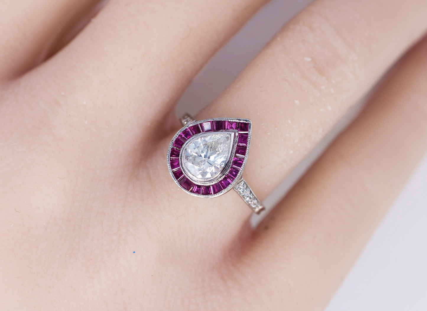Pear-Shaped Diamond with French-Cut Ruby Halo and Diamond Ring