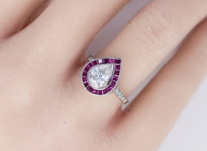 Pear-Shaped Diamond with French-Cut Ruby Halo and Diamond Ring