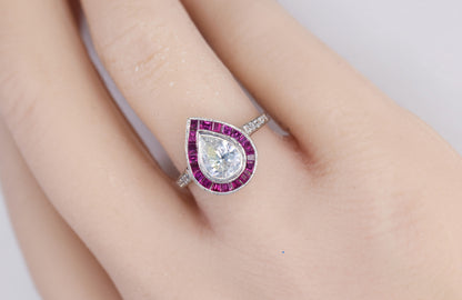 Pear-Shaped Diamond with French-Cut Ruby Halo and Diamond Ring