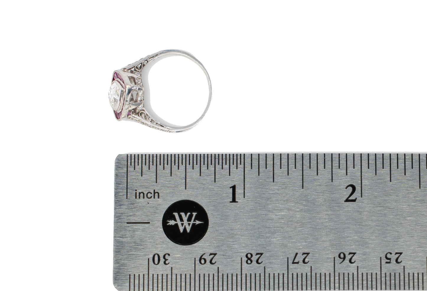 Pear-Shaped Diamond with French-Cut Ruby Halo and Diamond Ring