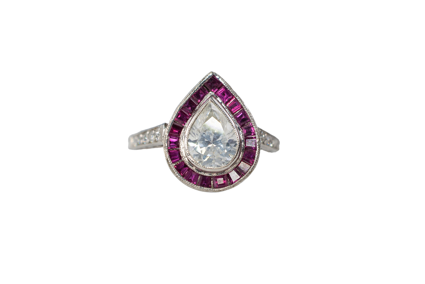 Pear-Shaped Diamond with French-Cut Ruby Halo and Diamond Ring