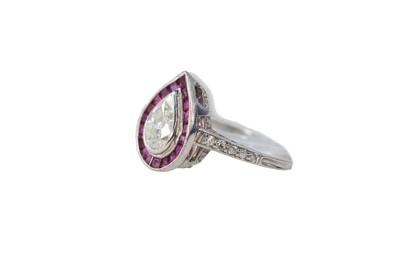 Pear-Shaped Diamond with French-Cut Ruby Halo and Diamond Ring