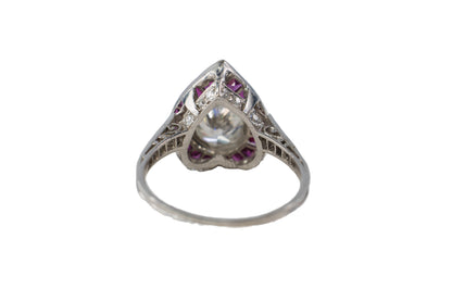 Pear-Shaped Diamond with French-Cut Ruby Halo and Diamond Ring