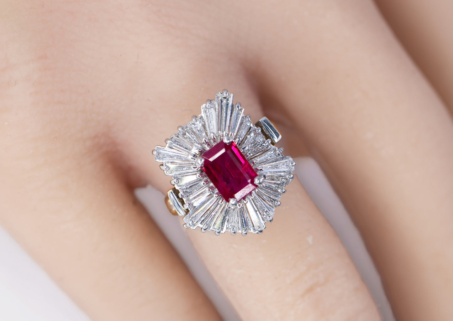 Emerald-Cut Ruby and Tapered Baguette Diamond Ballerina Ring