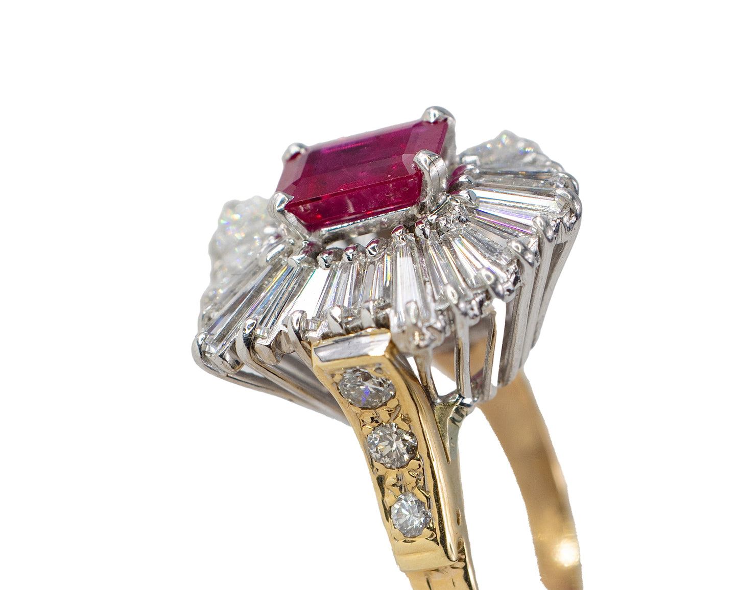 Emerald-Cut Ruby and Tapered Baguette Diamond Ballerina Ring
