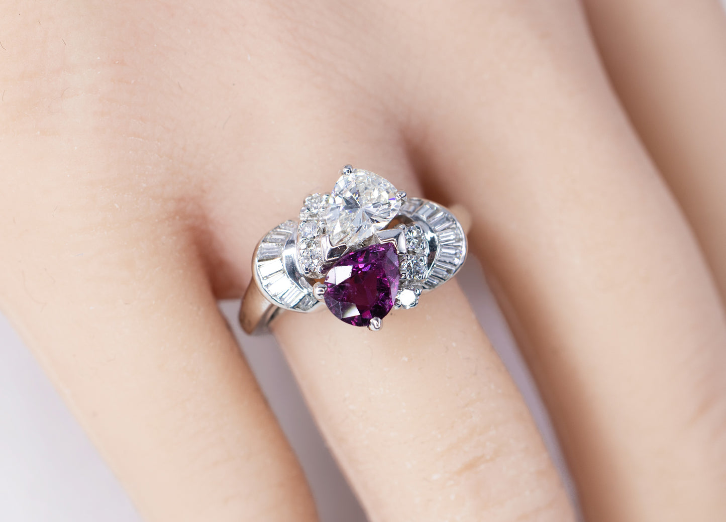 Pear-Shaped Ruby and Diamond Toi et Moi Bypass Ring