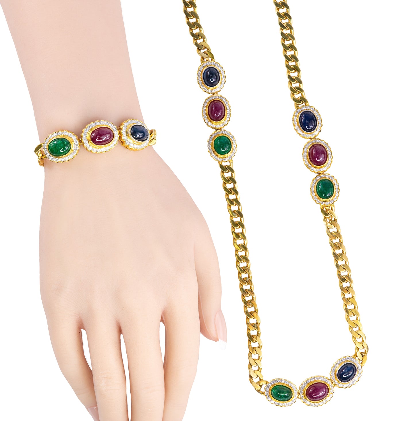 Cabochon Sapphire, Ruby, and Emerald Diamond Convertible Curb Chain Necklace