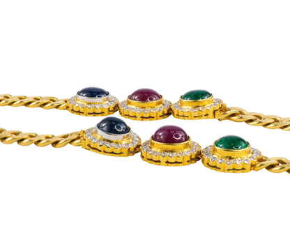 Cabochon Sapphire, Ruby, and Emerald Diamond Convertible Curb Chain Necklace