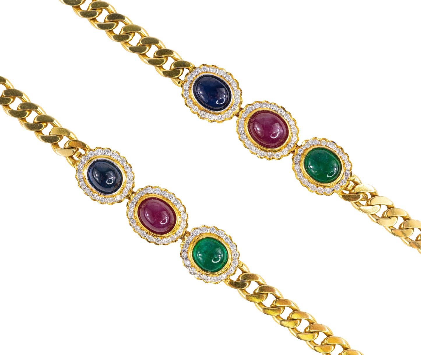 Cabochon Sapphire, Ruby, and Emerald Diamond Convertible Curb Chain Necklace
