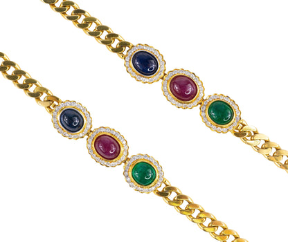 Cabochon Sapphire, Ruby, and Emerald Diamond Convertible Curb Chain Necklace