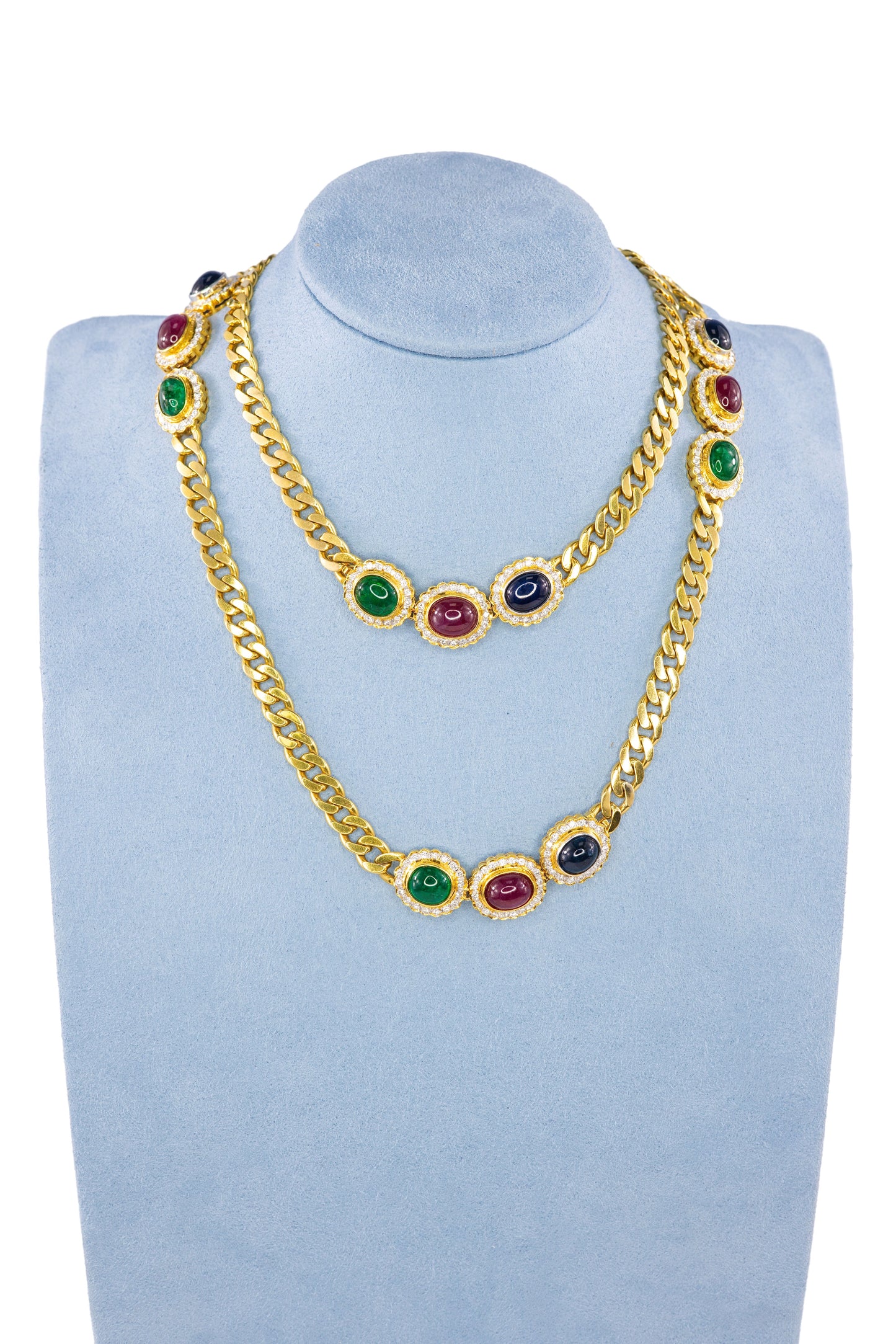 Cabochon Sapphire, Ruby, and Emerald Diamond Convertible Curb Chain Necklace
