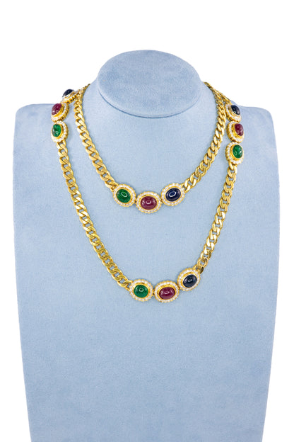 Cabochon Sapphire, Ruby, and Emerald Diamond Convertible Curb Chain Necklace