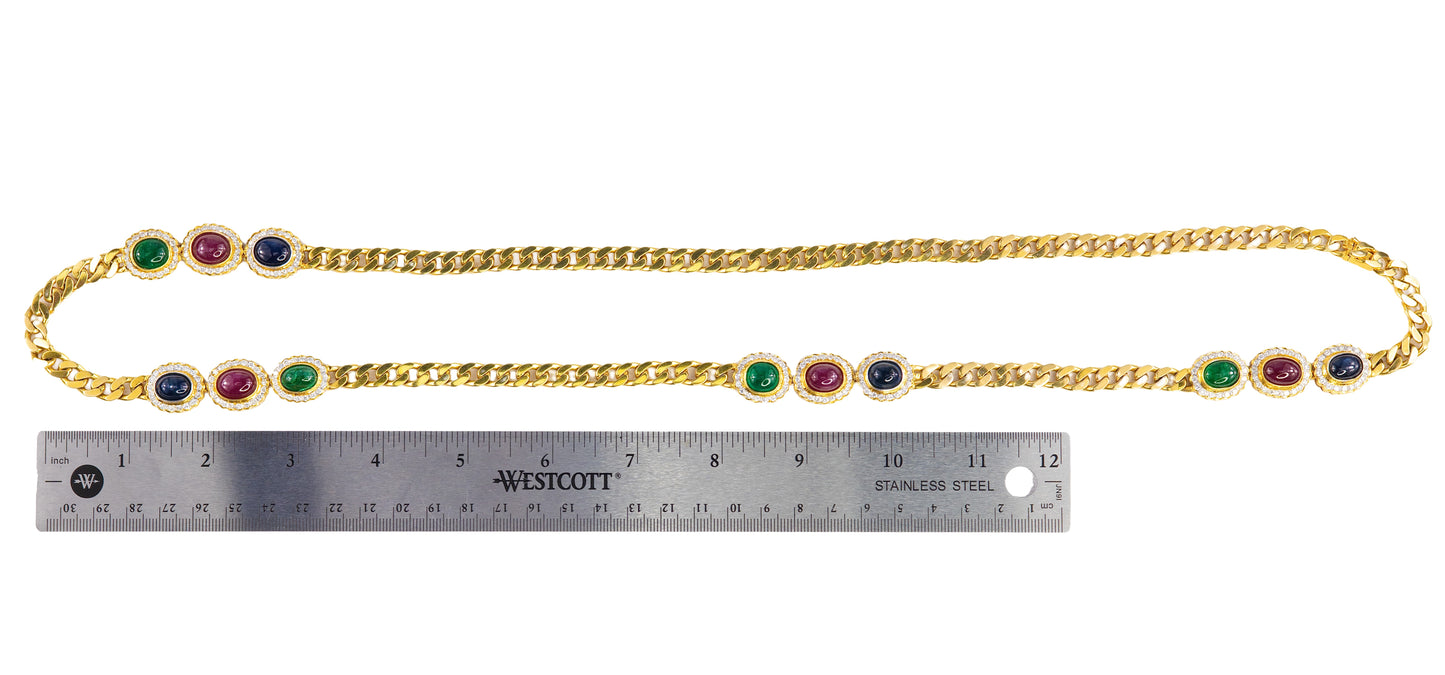 Cabochon Sapphire, Ruby, and Emerald Diamond Convertible Curb Chain Necklace