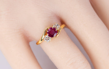 Ruby and Old Mine Cut Diamond Bypass Ring