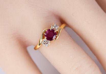 Ruby and Old Mine Cut Diamond Bypass Ring