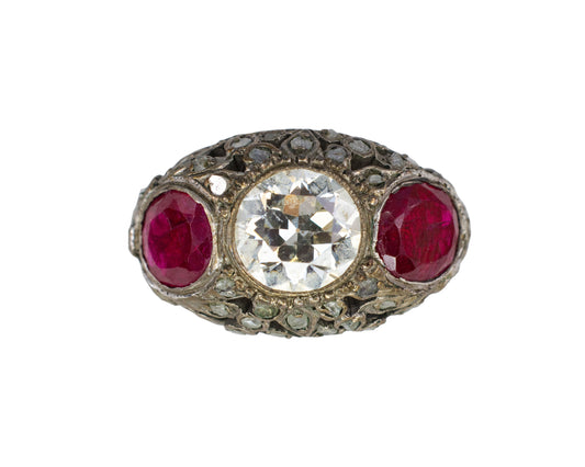 Old European Cut Diamond and Ruby Filigree Dome Ring