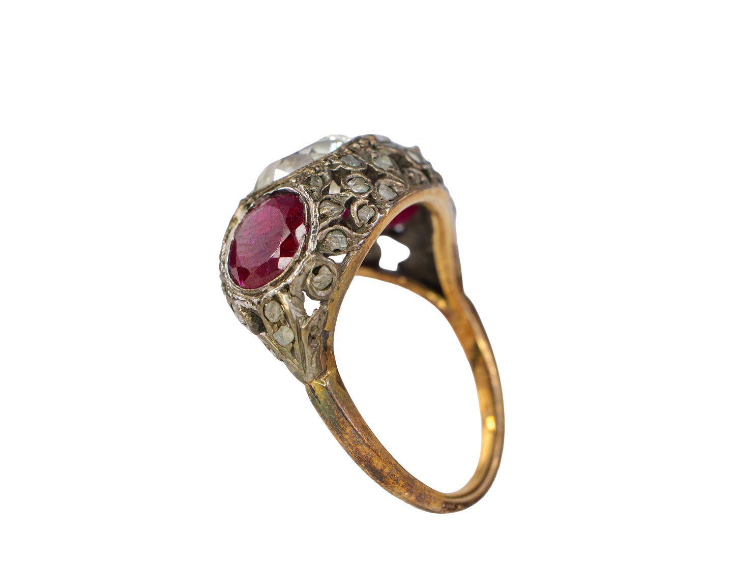 Old European Cut Diamond and Ruby Filigree Dome Ring
