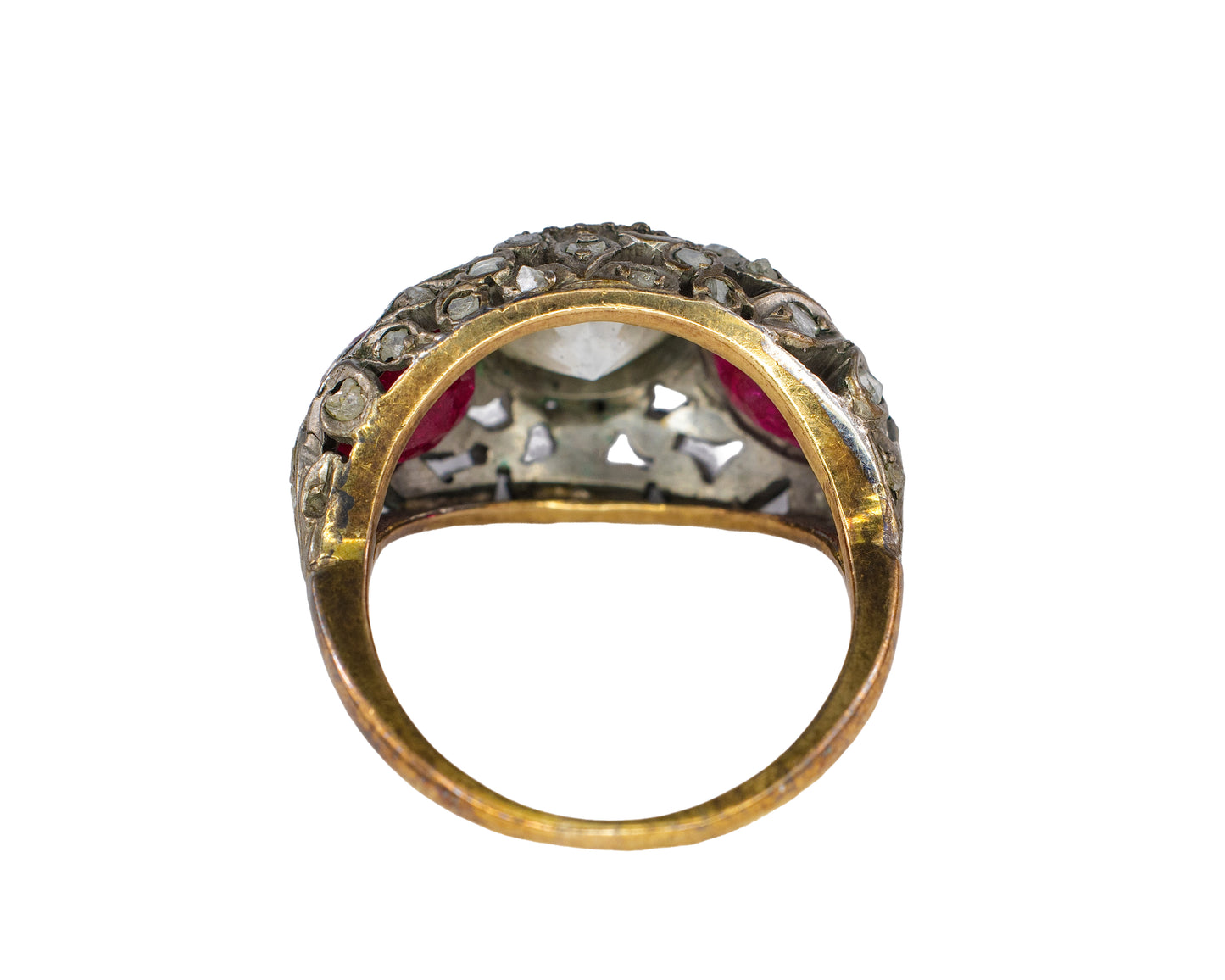 Old European Cut Diamond and Ruby Filigree Dome Ring