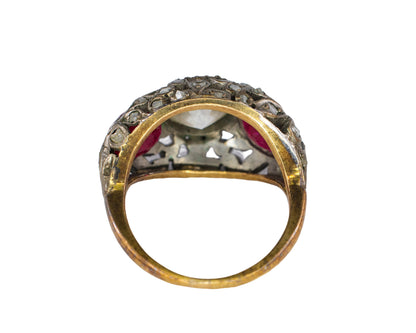 Old European Cut Diamond and Ruby Filigree Dome Ring