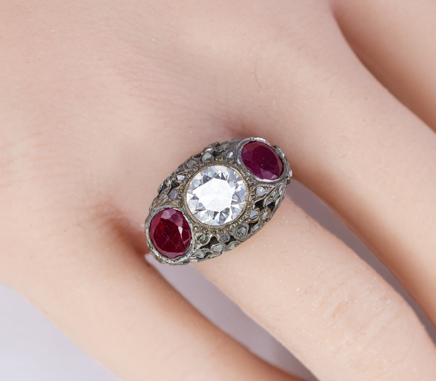 Old European Cut Diamond and Ruby Filigree Dome Ring