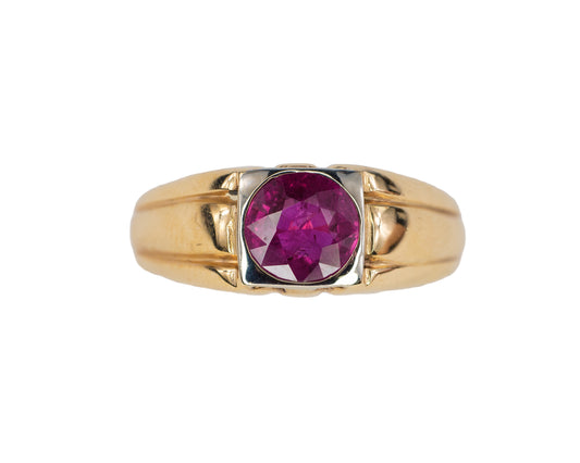 Natural Burmese Ruby and Diamond Ribbed Signet Ring