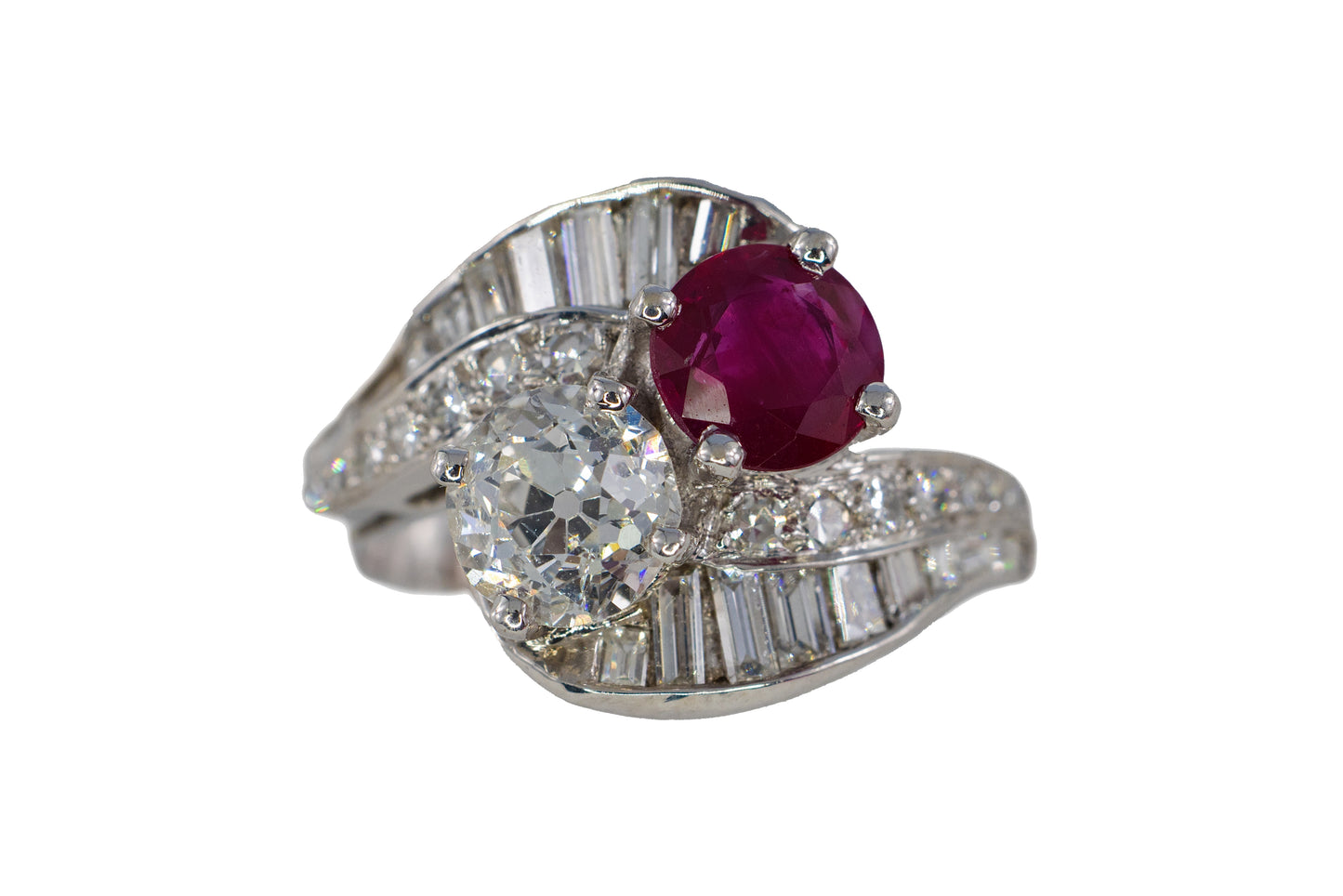 Ruby and Old European Cut Diamond Bypass Cocktail Ring