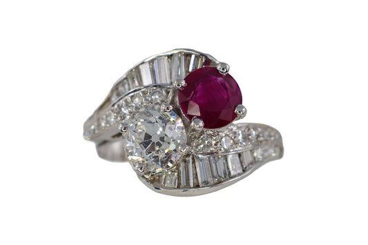 Ruby and Old European Cut Diamond Bypass Cocktail Ring