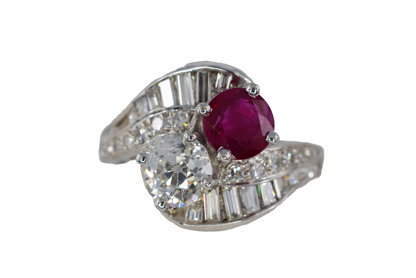 Ruby and Old European Cut Diamond Bypass Cocktail Ring