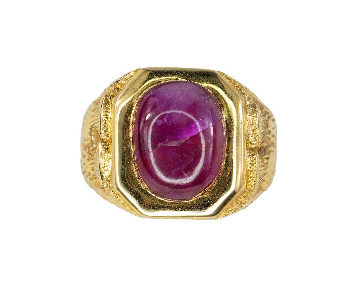 Yellow Gold Cabochon Ruby Textured Signet Ring